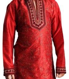 Red embroidered art dupion silk boys-kurta-pyjama