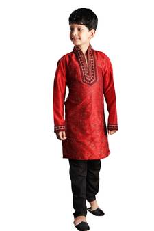 Red embroidered art dupion silk boys-kurta-pyjama