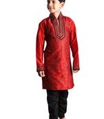 Red embroidered art dupion silk boys-kurta-pyjama