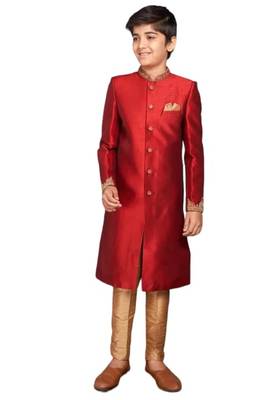 Red plain art dupion silk boys-sherwani 1