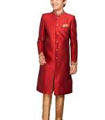 Red plain art dupion silk boys-sherwani