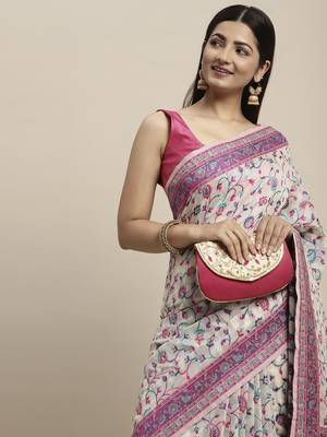Women's Geometric Printed Woven Cotton Saree With Unstitched Blouse Piece For Wedding, Party, DailyWear and Festival 1
