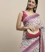 Women's Geometric Printed Woven Cotton Saree With Unstitched Blouse Piece For Wedding, Party, DailyWear and Festival