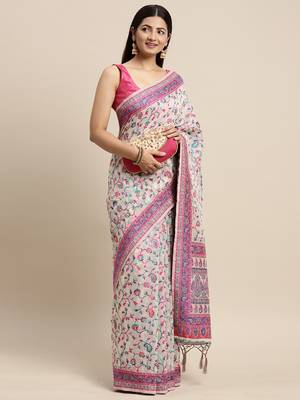 Women's Geometric Printed Woven Cotton Saree With Unstitched Blouse Piece For Wedding, Party, DailyWear and Festival 2