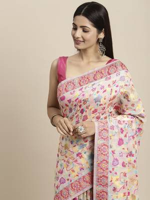 Women's Geometric Printed Woven Cotton Saree With Unstitched Blouse Piece For Wedding, Party, DailyWear and Festival 1