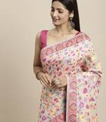 Women's Geometric Printed Woven Cotton Saree With Unstitched Blouse Piece For Wedding, Party, DailyWear and Festival