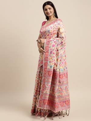 Women's Geometric Printed Woven Cotton Saree With Unstitched Blouse Piece For Wedding, Party, DailyWear and Festival 2