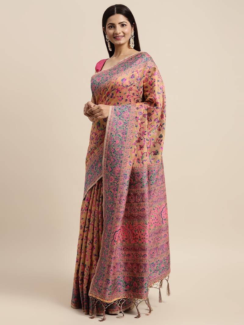 Women's Geometric Printed Woven Cotton Saree With Unstitched Blouse Piece For Wedding, Party, DailyWear and Festival