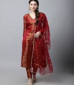 Maroon Brocade Straight Kurti With Straight Pants and Organza Dupatta