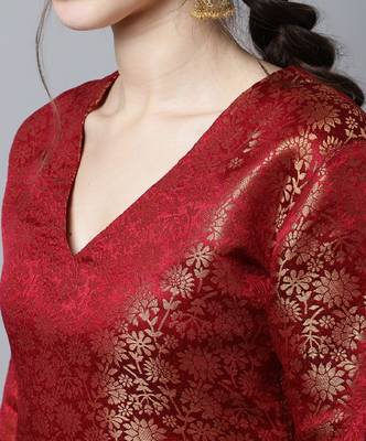 Maroon Brocade Straight Kurti With Straight Pants and Organza Dupatta 5
