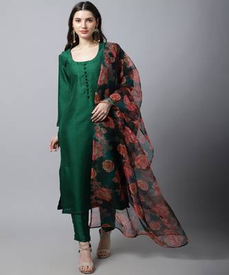 Sizzling Green Kurti with Pants and Printed Dupatta 1