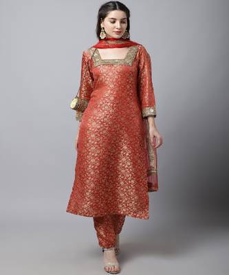 Scarlet Red Brocade Kurti with Straight Pants And Net Stone Dupatta 1