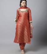 Scarlet Red Brocade Kurti with Straight Pants And Net Stone Dupatta