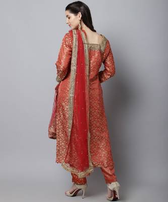 Scarlet Red Brocade Kurti with Straight Pants And Net Stone Dupatta 2