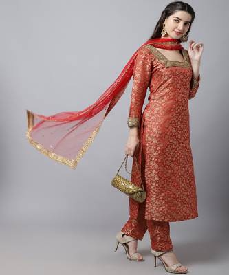 Scarlet Red Brocade Kurti with Straight Pants And Net Stone Dupatta 4