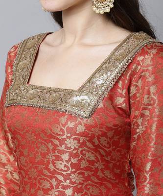 Scarlet Red Brocade Kurti with Straight Pants And Net Stone Dupatta 5