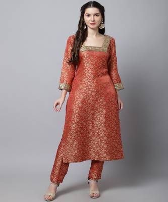 Scarlet Red Brocade Kurti with Straight Pants 1