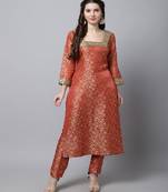Scarlet Red Brocade Kurti with Straight Pants
