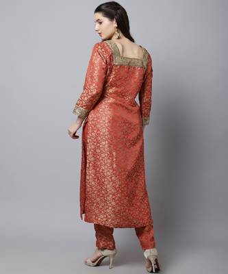 Scarlet Red Brocade Kurti with Straight Pants 2