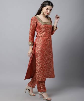 Scarlet Red Brocade Kurti with Straight Pants 3