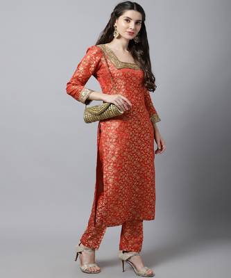 Scarlet Red Brocade Kurti with Straight Pants 4