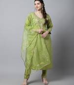 Maharani Green Embroidered Kurti With Straight Pants And Organza Dupatta