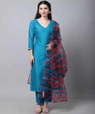 Celeste Blue Silk Kurti With Pants And Printed Dupatta 1