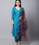 Celeste Blue Silk Kurti With Pants And Printed Dupatta