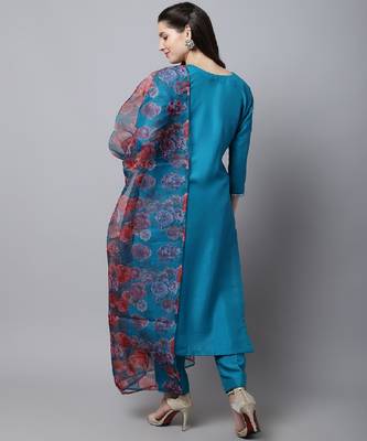 Celeste Blue Silk Kurti With Pants And Printed Dupatta 2
