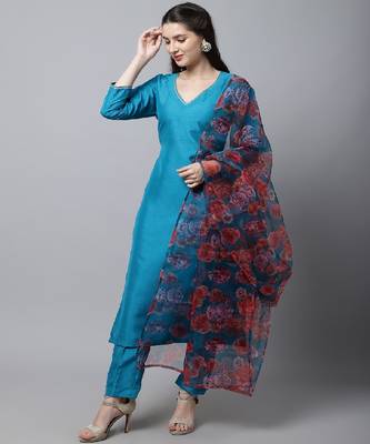 Celeste Blue Silk Kurti With Pants And Printed Dupatta 3
