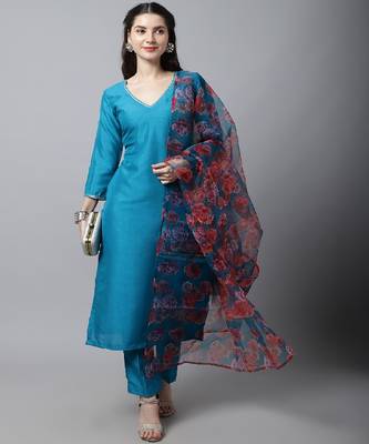 Celeste Blue Silk Kurti With Pants And Printed Dupatta 4