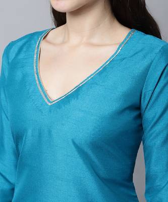 Celeste Blue Silk Kurti With Pants And Printed Dupatta 5