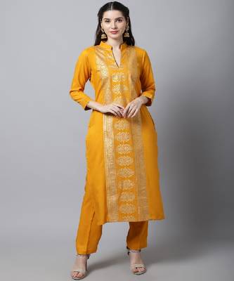 Mustard Foil Printed Kurti With Straight Pants 1
