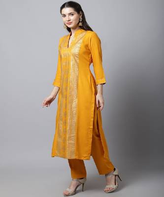 Mustard Foil Printed Kurti With Straight Pants 3