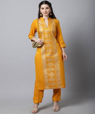 Mustard Foil Printed Kurti With Straight Pants 4