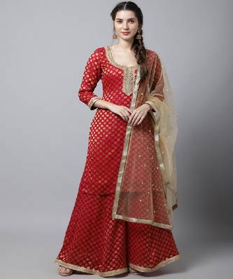 Pink Red Straight Banarsi Kurti With Flared Palazzo And Dupatta 1