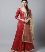 Pink Red Straight Banarsi Kurti With Flared Palazzo And Dupatta
