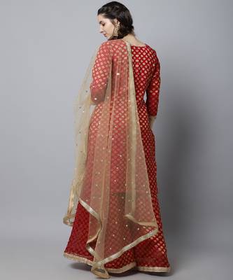 Pink Red Straight Banarsi Kurti With Flared Palazzo And Dupatta 2