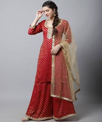 Pink Red Straight Banarsi Kurti With Flared Palazzo And Dupatta 3