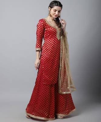 Pink Red Straight Banarsi Kurti With Flared Palazzo And Dupatta 4