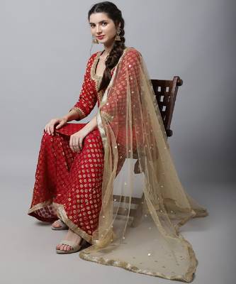 Pink Red Straight Banarsi Kurti With Flared Palazzo And Dupatta 5