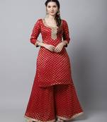 Pink Red Straight Banarasi Kurti With Flared Palazzo