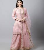Baby Pink Straight Banarasi Kurti With Flared Palazzo And Dupatta