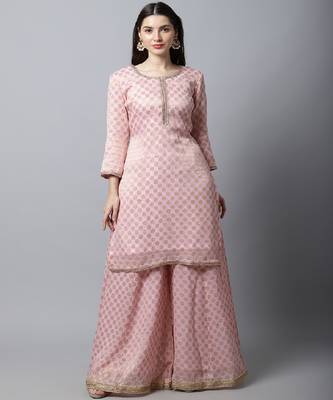 Baby Pink Straight Banarsi Kurti With Flared Palazzo 1