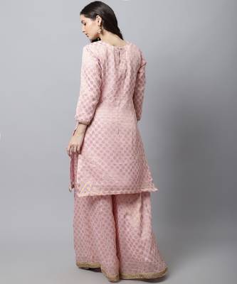 Baby Pink Straight Banarsi Kurti With Flared Palazzo 2