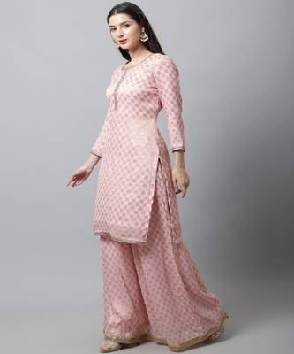 Baby Pink Straight Banarsi Kurti With Flared Palazzo 3
