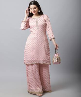 Baby Pink Straight Banarsi Kurti With Flared Palazzo 4