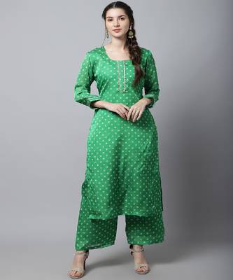 Green Bandhani Straight Kurti With Straight Palazzo 1