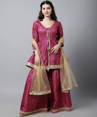 Vibrant Purple Peplum Kurti With Sharara and Gold Stone Dupatta 1
