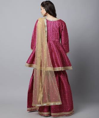 Vibrant Purple Peplum Kurti With Sharara and Gold Stone Dupatta 2